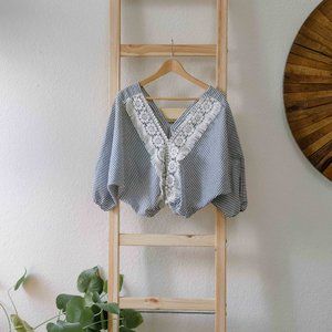 Blue & White Striped Shirt with Boho Floral Embroidery Embroidered Cropped Puff